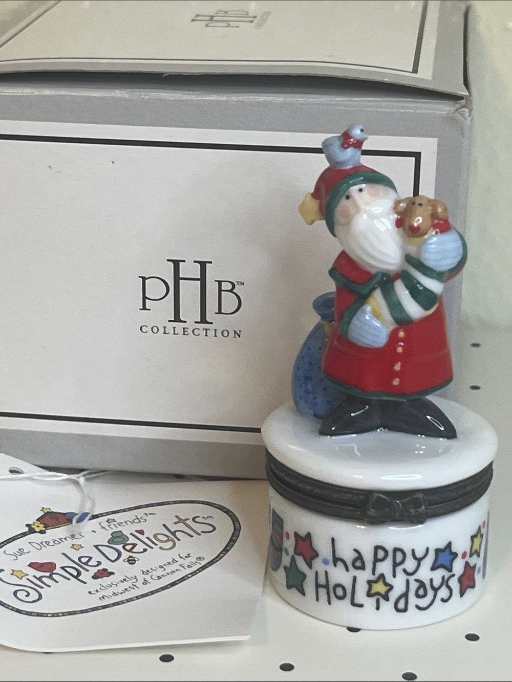 Vintage, PHB, Happy Holidays Santa Porcelain Trinket Box w/Tiny Blue Bird
